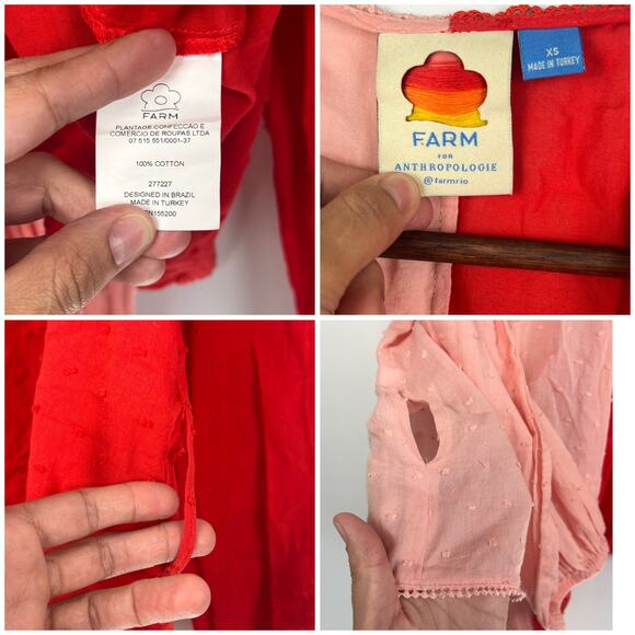 Anthropologie Farm Rio Pink Red Colorblock Wrap Blouse XS Cotton Swiss Dot Puff - Picture 7 of 10